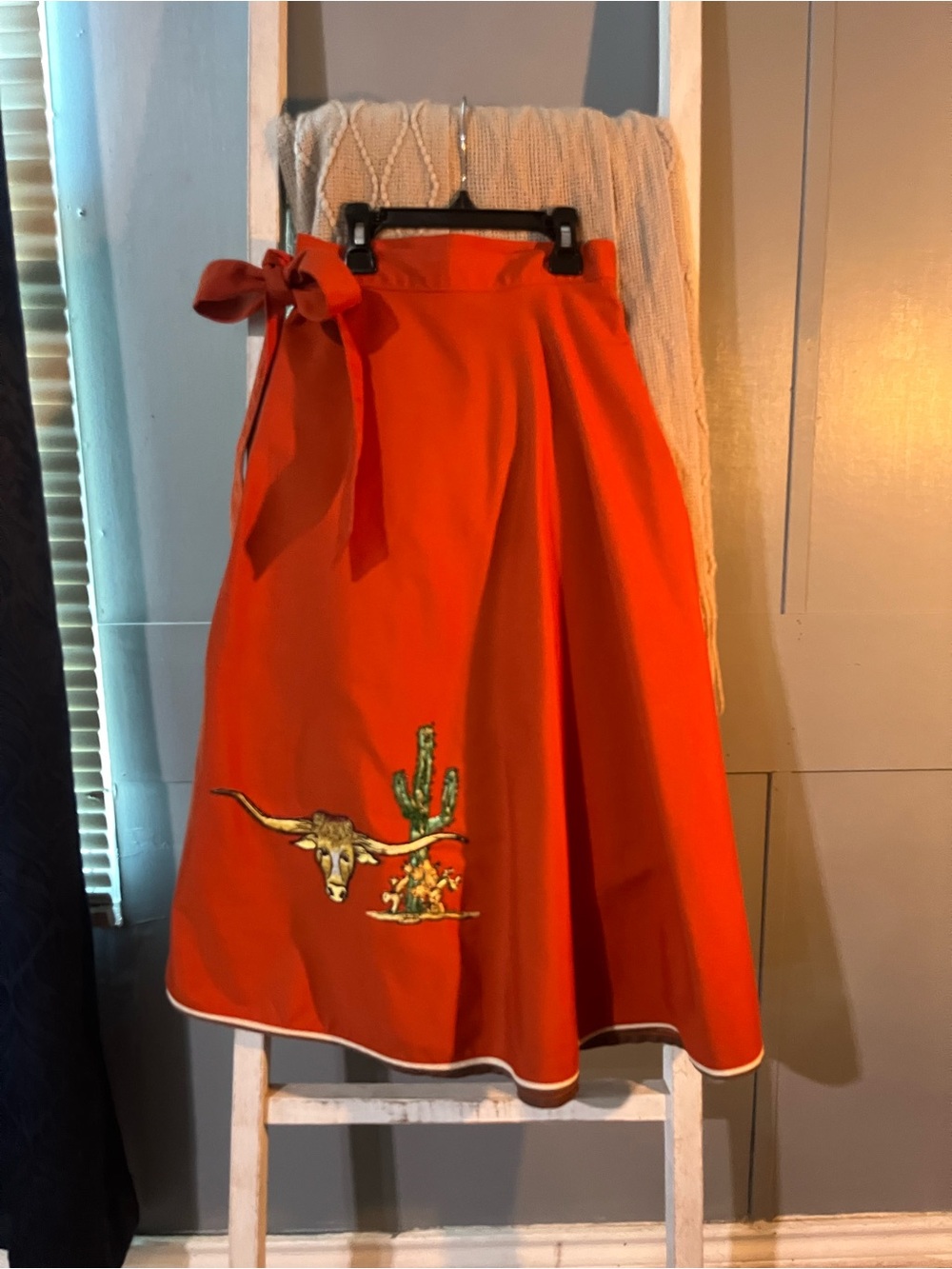 Red Embroidered A-Line Wrap Skirt with Bow